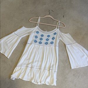 White Cold Shoulder top with Blue Embroidery